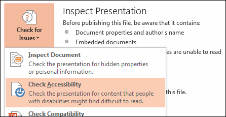 Power Point Step 2.
*If images have figure captions, they do not need Alternate Text. More information about this can be found here: https://www.csun.edu/universal-design-center/best-practices-accessible-images